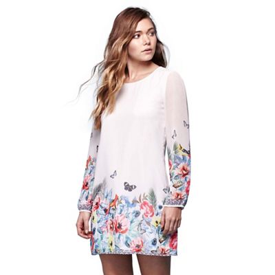 Ivory tropcial floral long sleeve tunic dress
